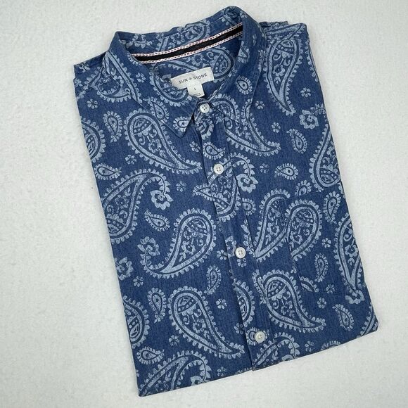 Sun & Stone Men’s Printed Denim Shortsleeve Paisley Blue-L - Picture 2 of 12